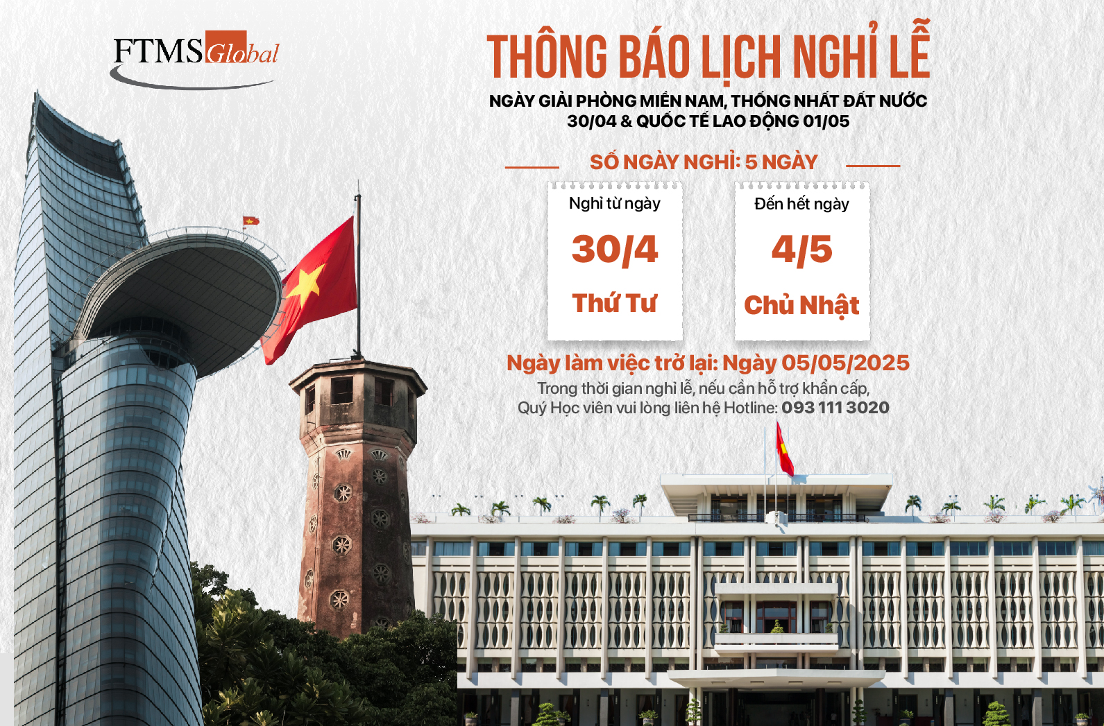 FTMS THÔNG BÁO NGHỈ LỄ 30/04 & 01/05